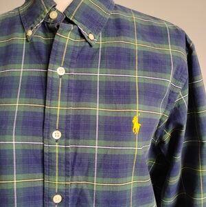 Ralph Lauren Cotton Oxford Cloth Button Down Shirt Blue Plaid Classic Size Med